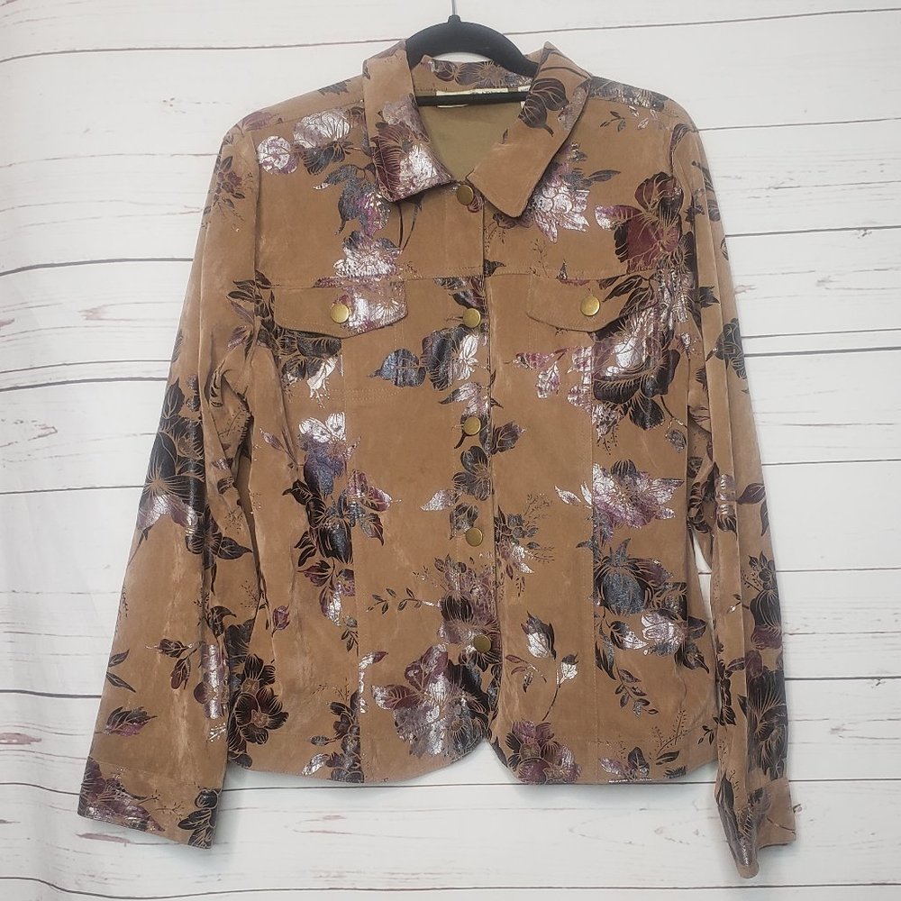 Bamboo Traders Trucker Faux Suede Floral Jacket